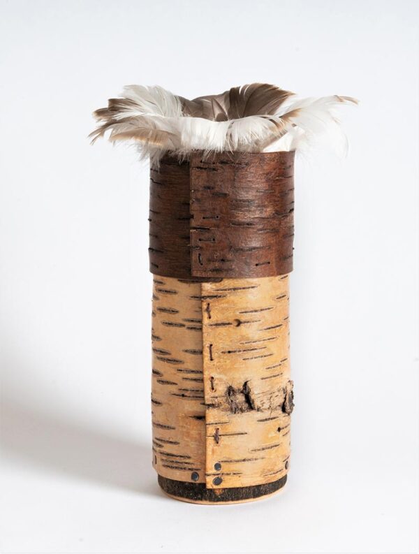 Birch bark pot with duck feather rim