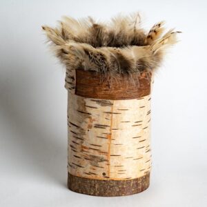 Birch bark pot with kestrel feather rim Ht 21 x w 11 cms £ 68.00