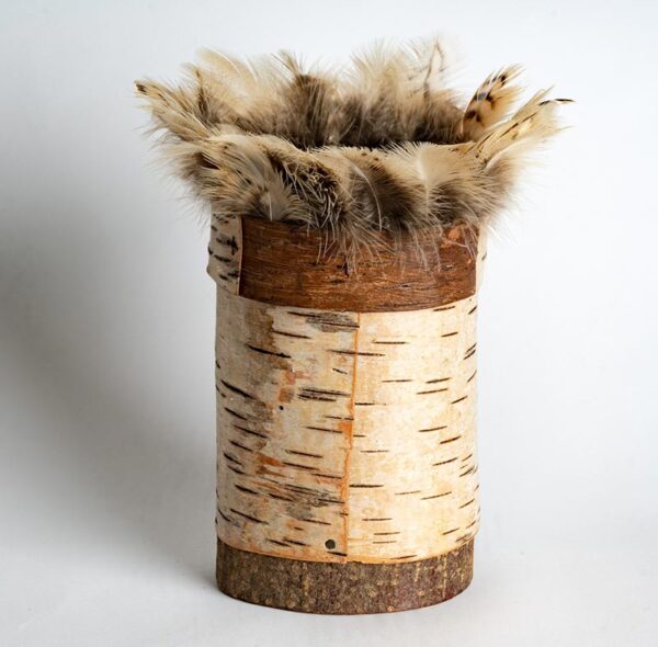 Birch bark pot with kestrel feather rim Ht 21 x w 11 cms £ 68.00