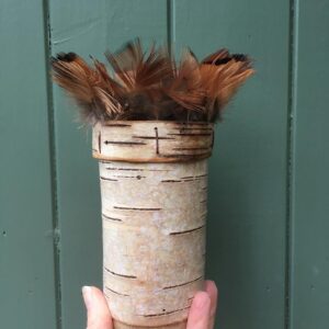 Birch bark vessel with found feathers Ht 18 x Wdth 7 cms £ 48.00