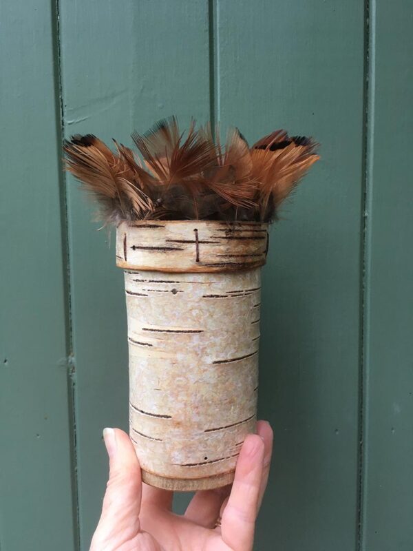 Birch bark vessel with found feathers Ht 18 x Wdth 7 cms £ 48.00