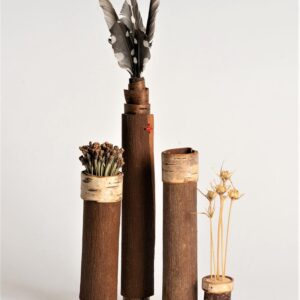 Eucalyptus bark pots with lids of feather and alium seeds Ht 24 x wdth 3 cms £ 38.00 each