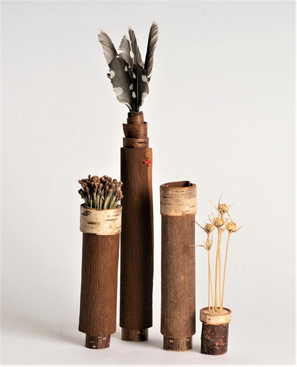 Eucalyptus bark pots with lids of feather and alium seeds Ht 24 x wdth 3 cms £ 38.00 each