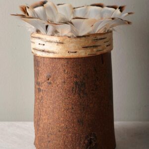 Eucalyptus bark vessel with feather rim Ht 18 x wdth 7 cms £ 85.00