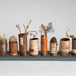 Row of 'Collecting Pots' on wooden base Ht 13 x wdth 47 x dpth 10 cms £120.00