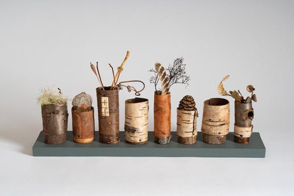 Row of 'Collecting Pots' on wooden base Ht 13 x wdth 47 x dpth 10 cms £120.00