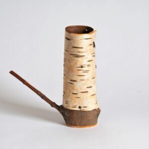 Silver birch bark pot and wooden base in shape of a teapot ht 16 x w 15 x dpth 5 cms £ 52.00