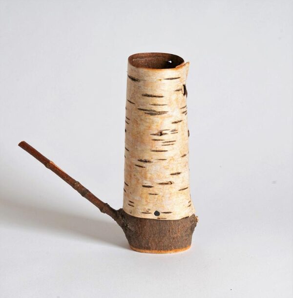 Silver birch bark pot and wooden base in shape of a teapot ht 16 x w 15 x dpth 5 cms £ 52.00