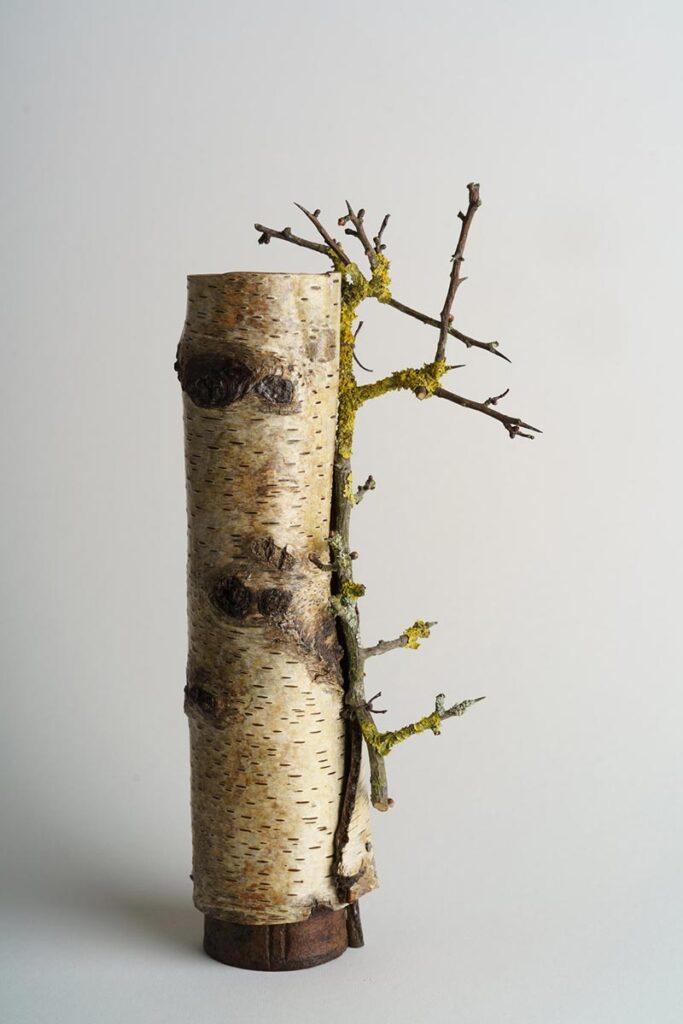 Silver birch bark vessel wrapped around eucalyptus vessel with lichen & thorn twig ht 26 x w 7 x dpth 7 cms £ 85.00