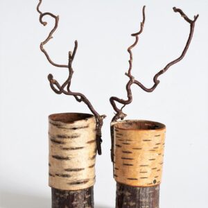 Silver birch bark vessels with twisted hazel ht 26 x w 6 cms £ 42.00 each