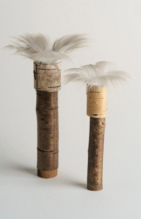 Two cherry bark pots with duck feather rim ht 14 x 2 cms and 12 x 2 cms£38.00 and £32.00