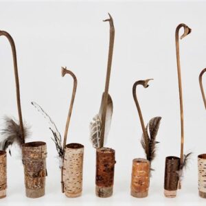 Various bark pots with leaf stalk handles approx ht 30 x w 4 cms £ 28.00