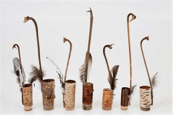Various bark pots with leaf stalk handles approx ht 30 x w 4 cms £ 28.00